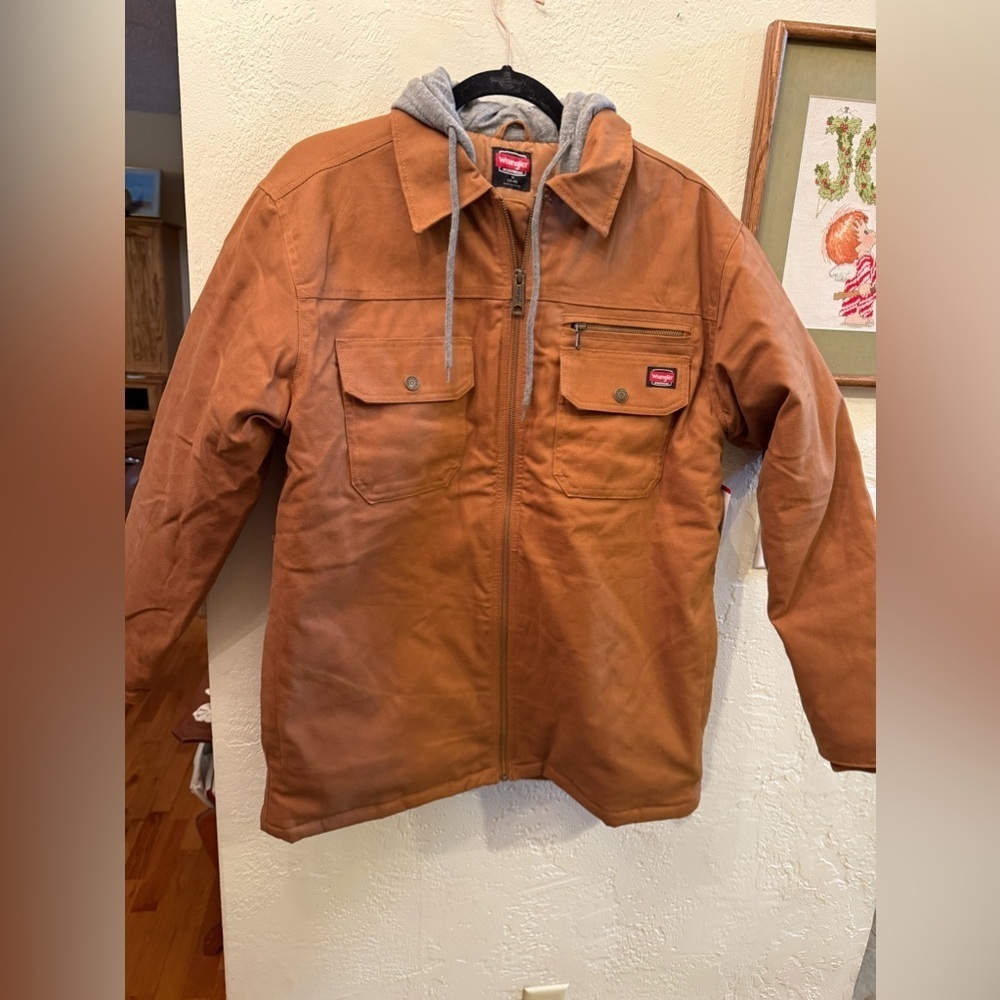 Wrangler Men's L Canvas Brown Quilted Workwear Hooded Relax Fit Jacket Coat NEW